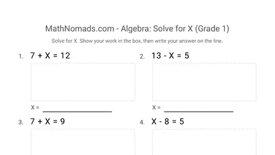 Algebra: Solve for X (Single Digit +/-) worksheet preview