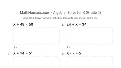 Algebra: Solve for X (Two Digits +/-) worksheet preview